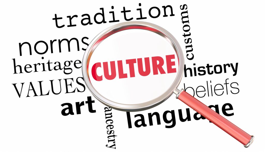 Magnifying glass over the word Culture with related words in background
